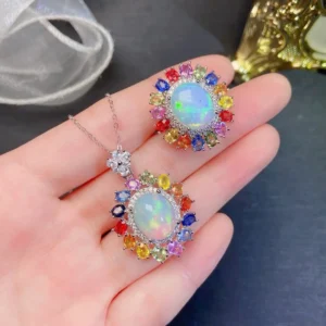 ZECAA الأبيض أوبال قلادة خاتم مجموعات للمرأة مع الطبيعية الأبيض أوبال الأحجار الكريمة 10*12 مللي متر مجموعات مجوهرات قلادة حلقة