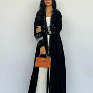 كيمونو أسود مفتوح للنساء المسلمات ، عباية دبي ، فستان قفطان فاخر مع حجاب ، قفطان إسلامي ، روب مغربي ، نسائي ،