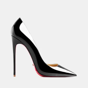 أحذية بكعب عالٍ من الجلد الفاخر للنساء، ذات نعل أحمر ومقدمة مدببة، مناسبة للحفلات.