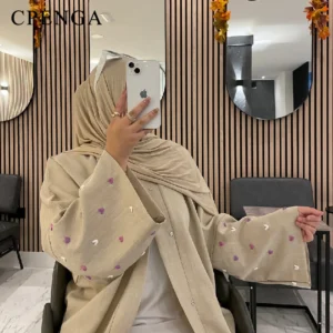 كارديجان أنيق من الكتان للنساء المسلمات من دبي، مناسب للعيد، عباية مزينة بقلب عربي، فستان حفلات، جلابيات، ملابس إسلامية، معطف تركي