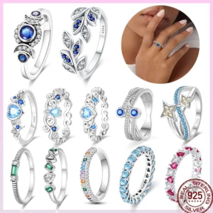 خاتم نسائي من الفضة الإسترليني عيار 925، مزين بفيونكة أنيقة، مرصع بحجر الزركون الأزرق البارد على شكل قلب ونجمة، خاتم زفاف رومانسي